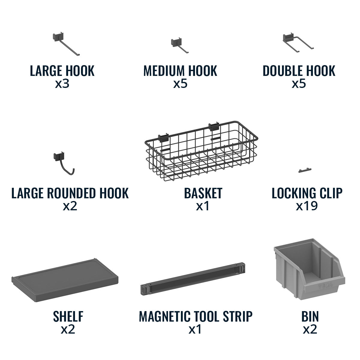 The Pegboard Pro Accessory Pack includes 3 large hooks, 5 medium hooks, 2 double hooks, 1 large rounded hook, 1 basket, 19 locking clips, 2 shelves, a magnetic tool strip, and 2 bins for versatile storage.