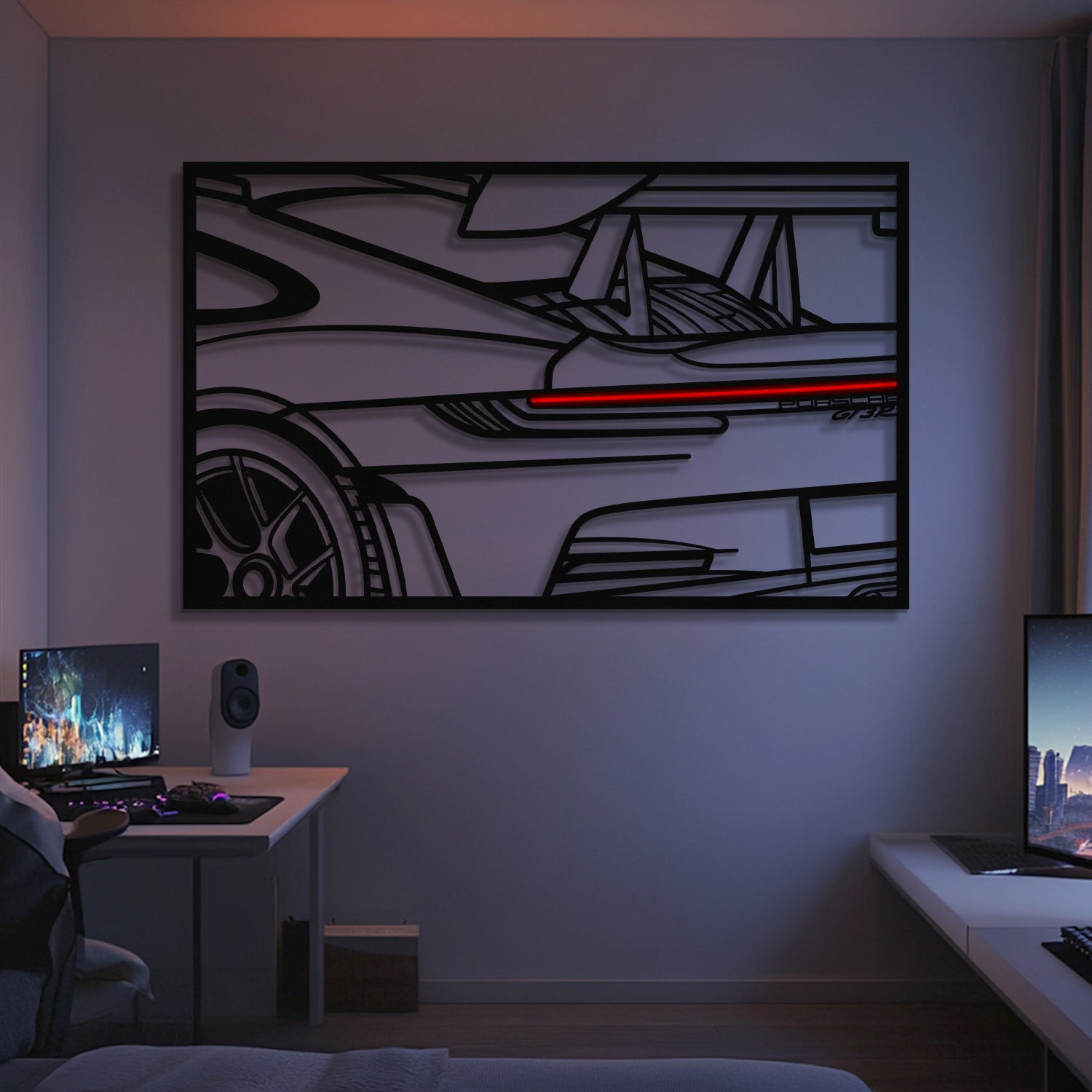 A modern bedroom with dual computer desks and monitors features the 911 GT3 RS Apex Back View Metal Neon Frame Wall Art (MT1481) above the bed—an ideal car enthusiast gift. The black line art of the rear sports car is softly lit for a stylish look.