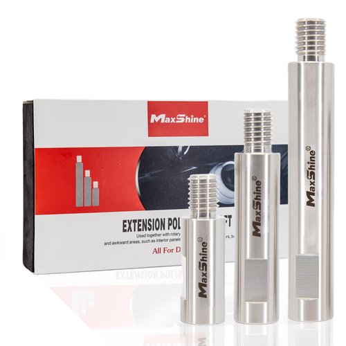 Three silver Shaft Extension Set poles for rotary polishers stand upright before a MaxShine branded box labeled Shaft Extension Set, featuring red, white, and gray colors—ideal for rotary polishing tasks.